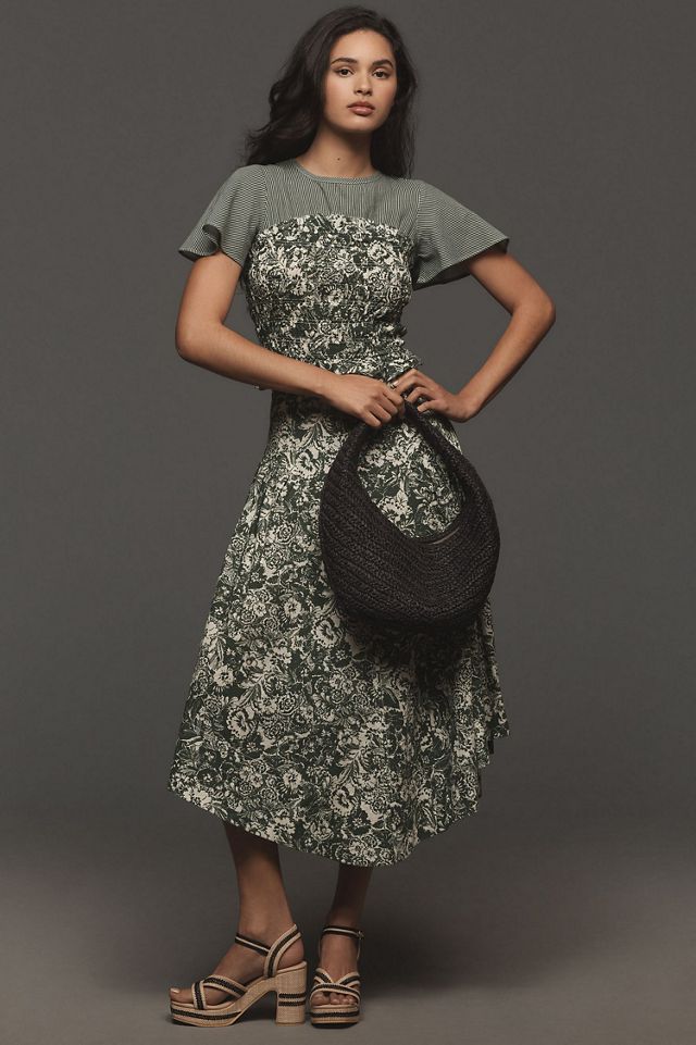 Short-Sleeve Smocked Linen Twofer Top #3