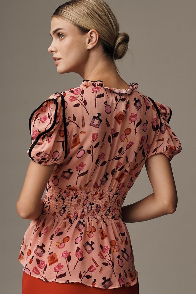 Maeve V-Neck Puff-Sleeve Printed Blouse #1