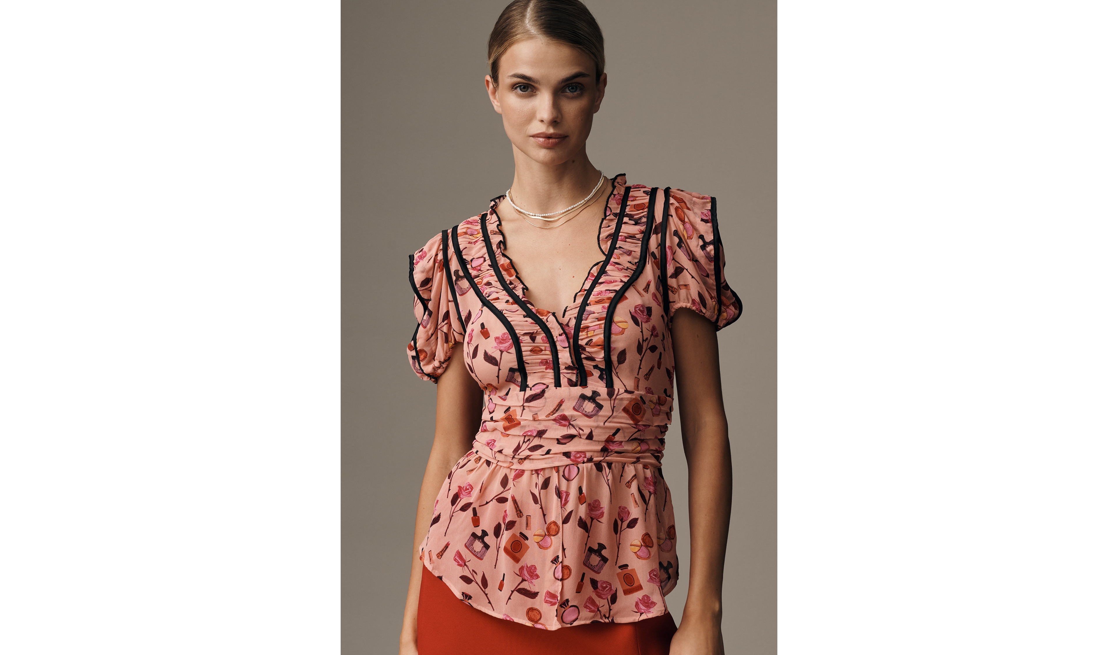 Maeve V-Neck Puff-Sleeve Printed Blouse