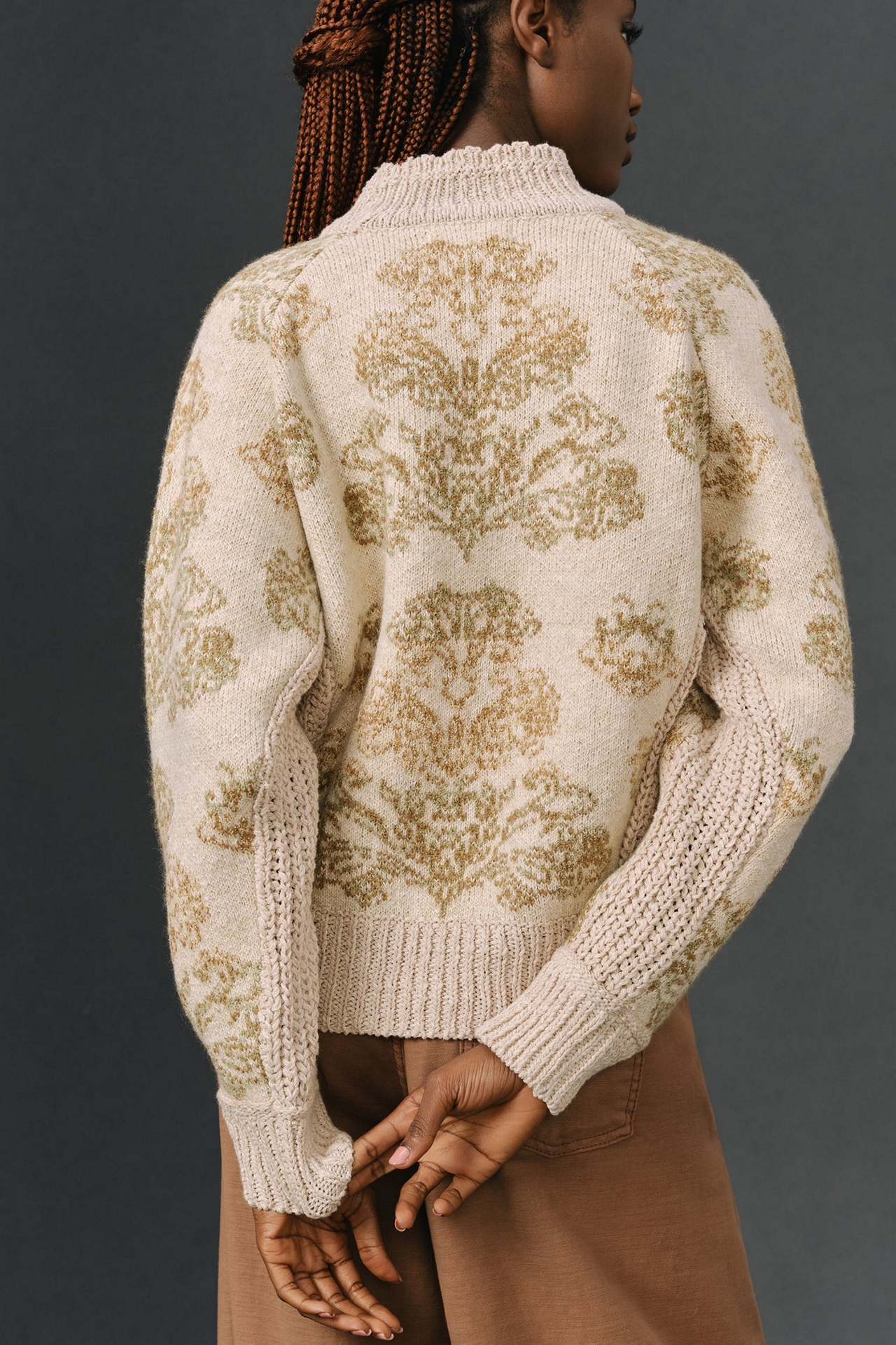 Mock-Neck Stitched Patterned Sweater
