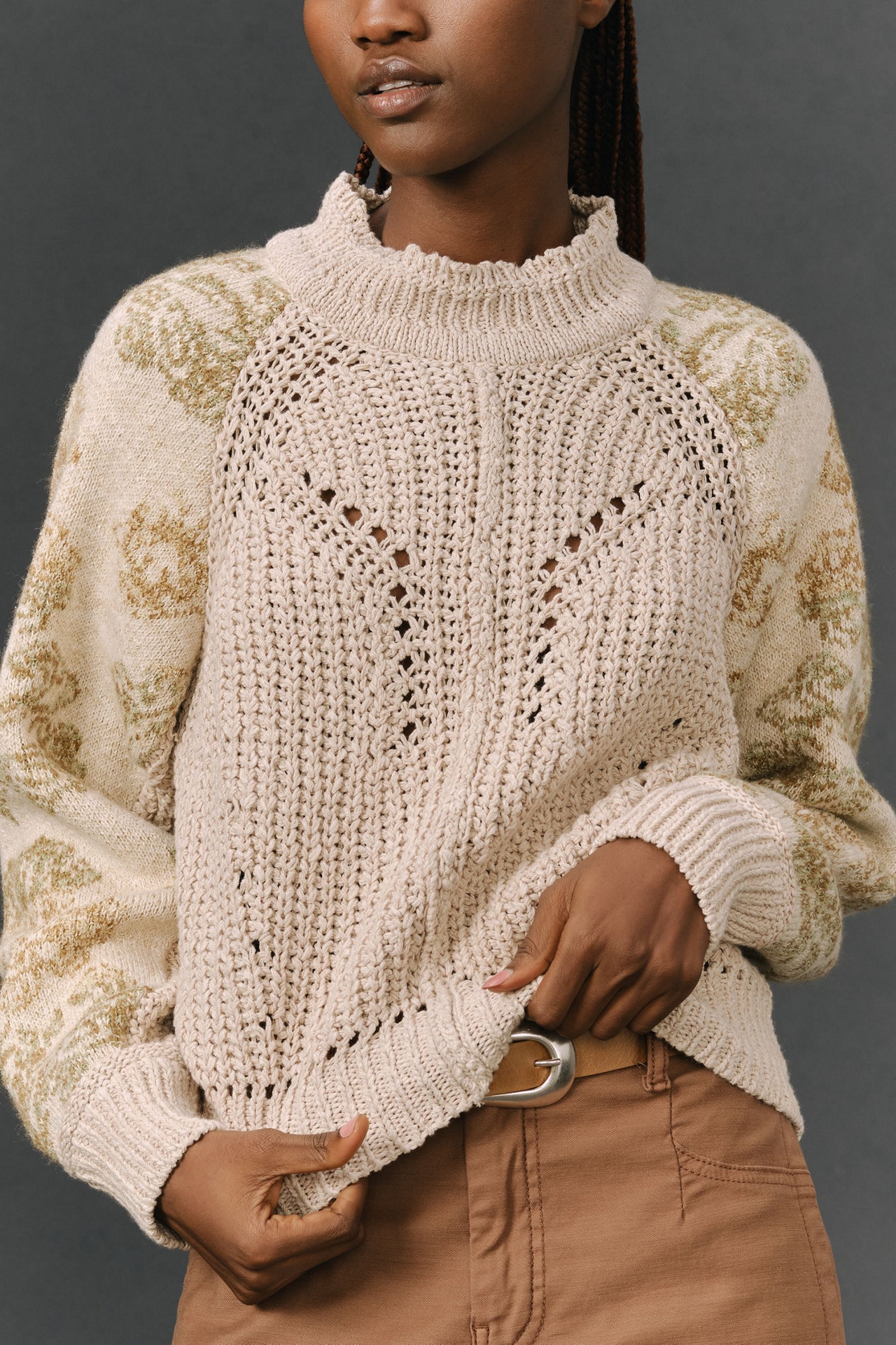 Mock-Neck Stitched Patterned Sweater