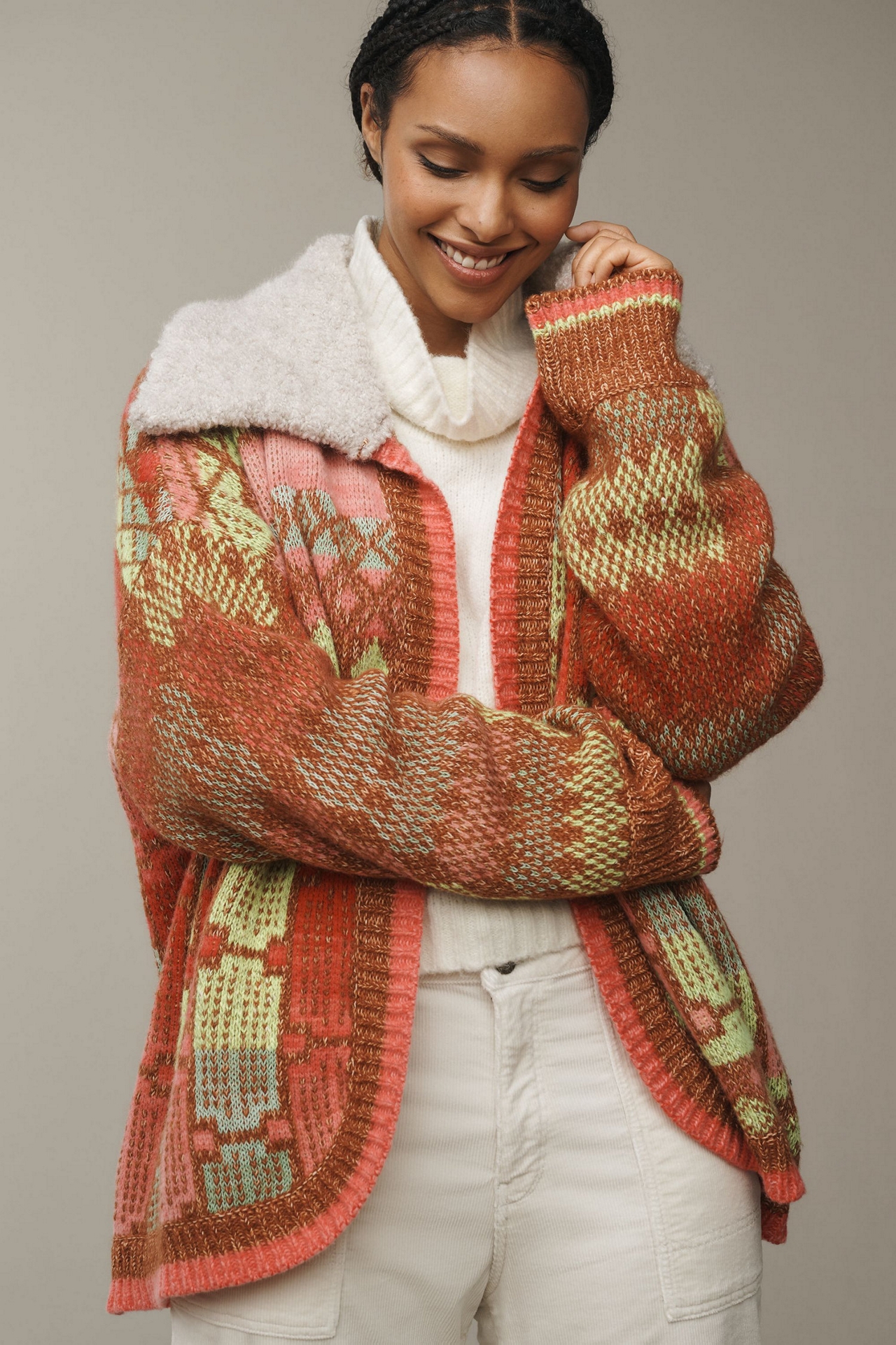 Faux-Fur Collar Cardigan Sweater