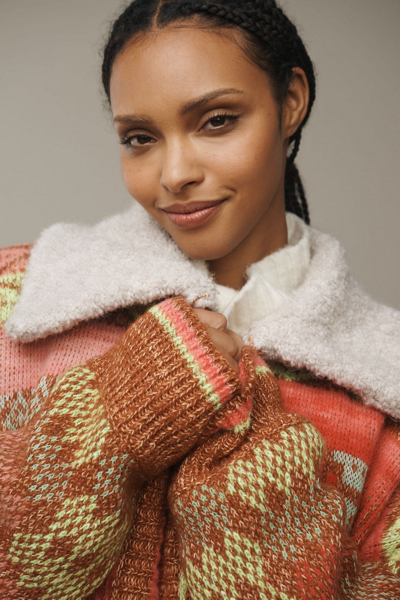 Faux-Fur Collar Cardigan Sweater