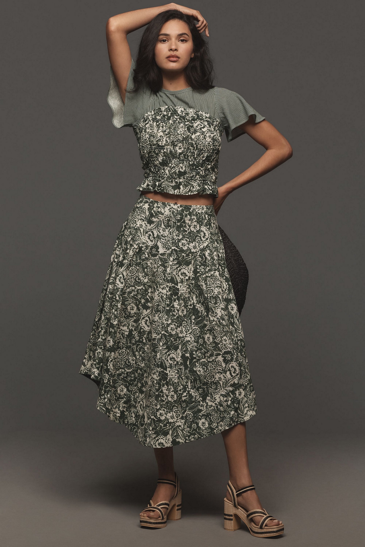 Smocked Linen Midi Skirt