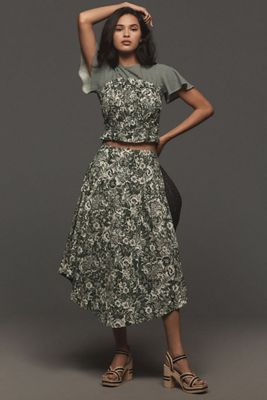 Smocked Linen Midi Skirt