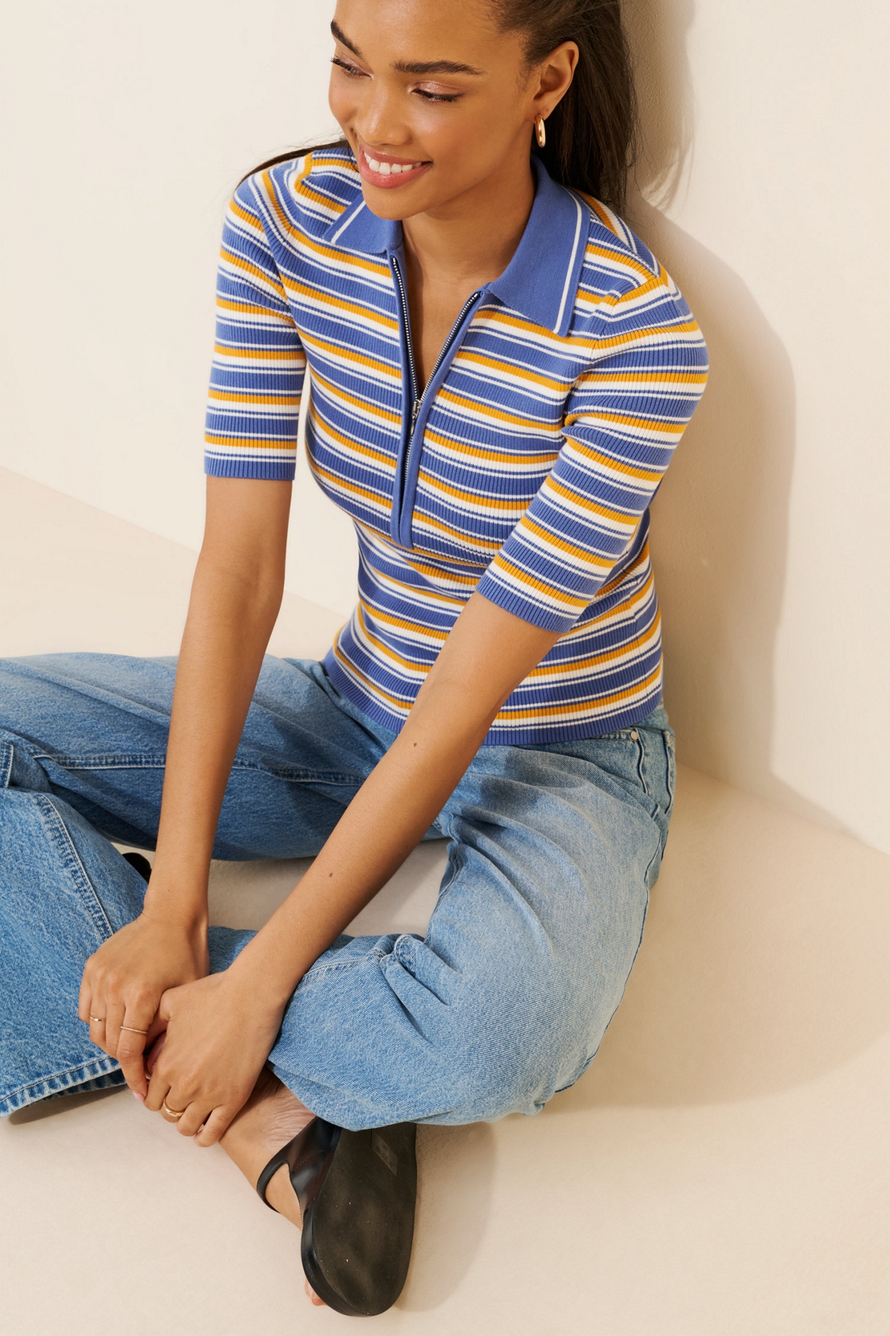 Madewell Stripe Remi Cotton Compact Zip Knit Polo