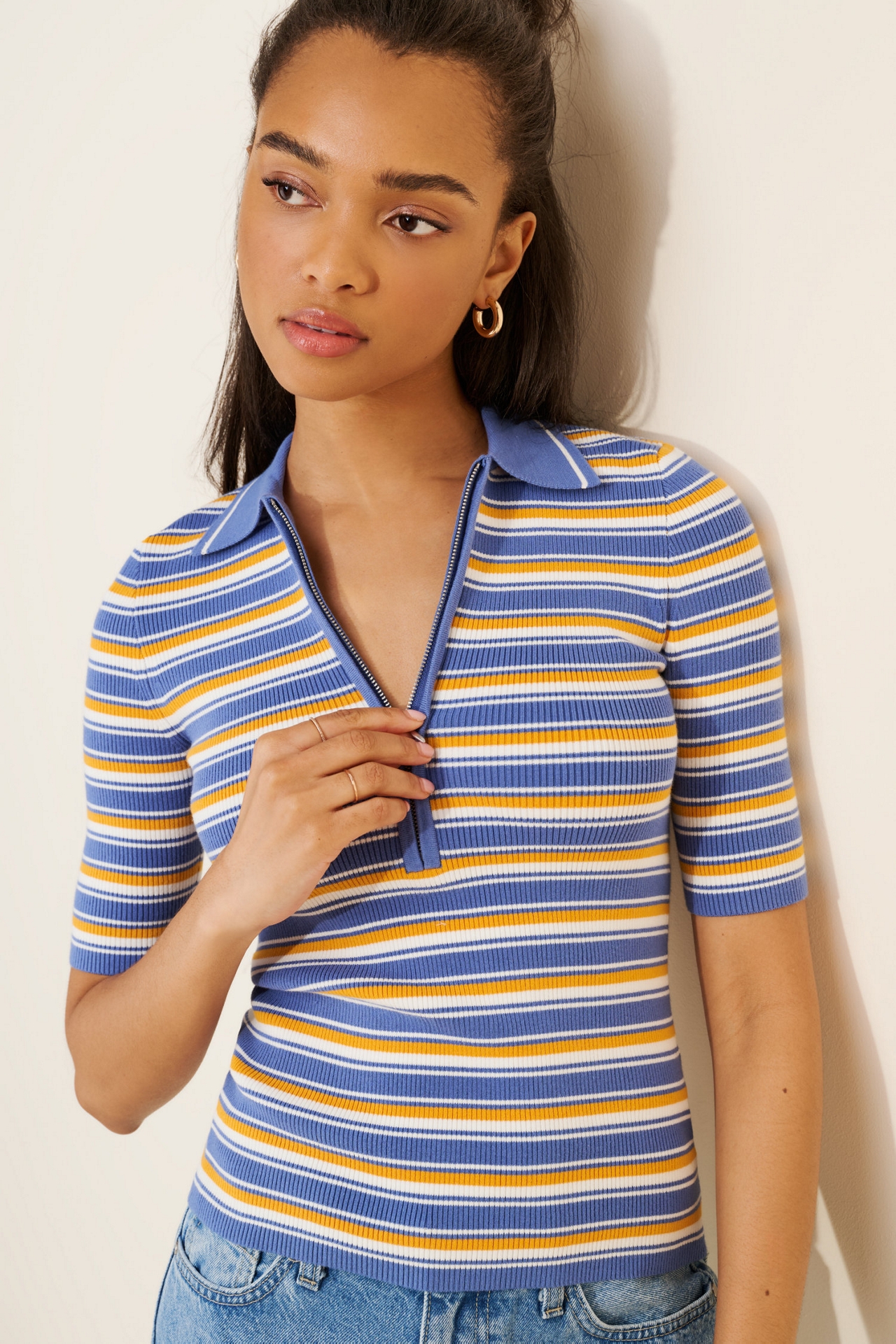 Madewell Stripe Remi Cotton Compact Zip Knit Polo