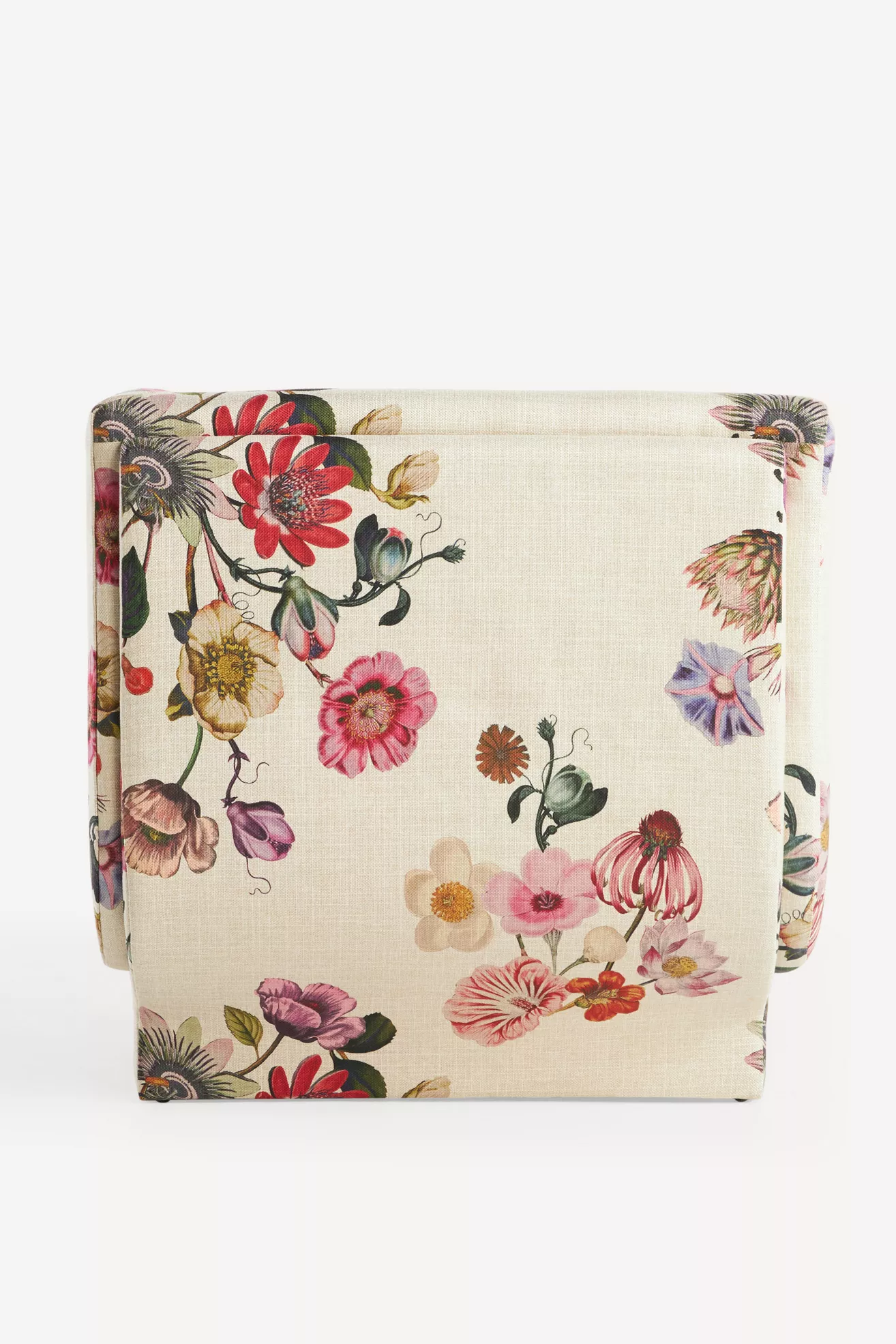Corner view of floral upholstered chair