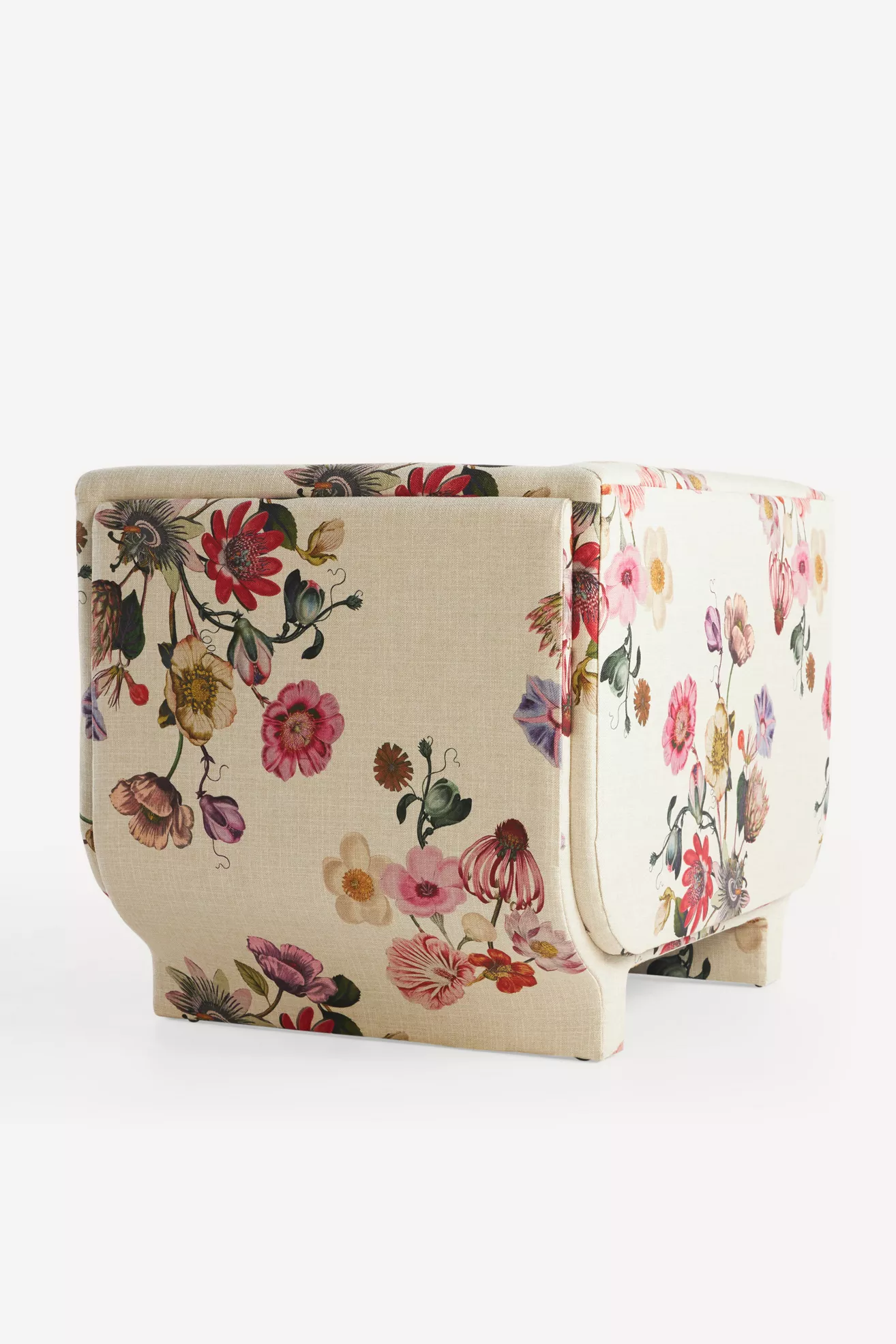 Back/right side view of floral chair with printed fabric