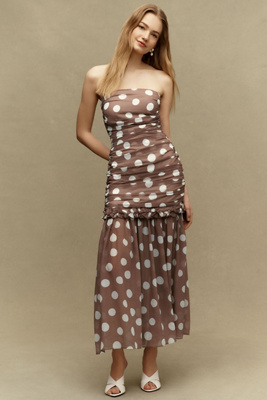 Elliatt Sola Polka Dot Strapless Maxi Dress In Brown