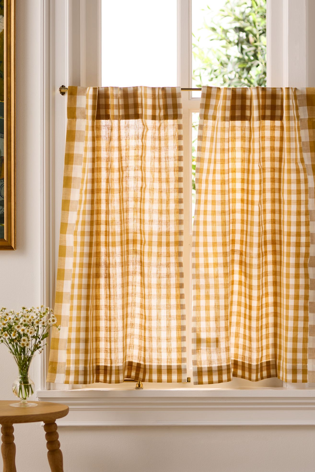 Cotton Linen Gingham Cafe Curtain, Set of 2 - Honey, 25" x 36"