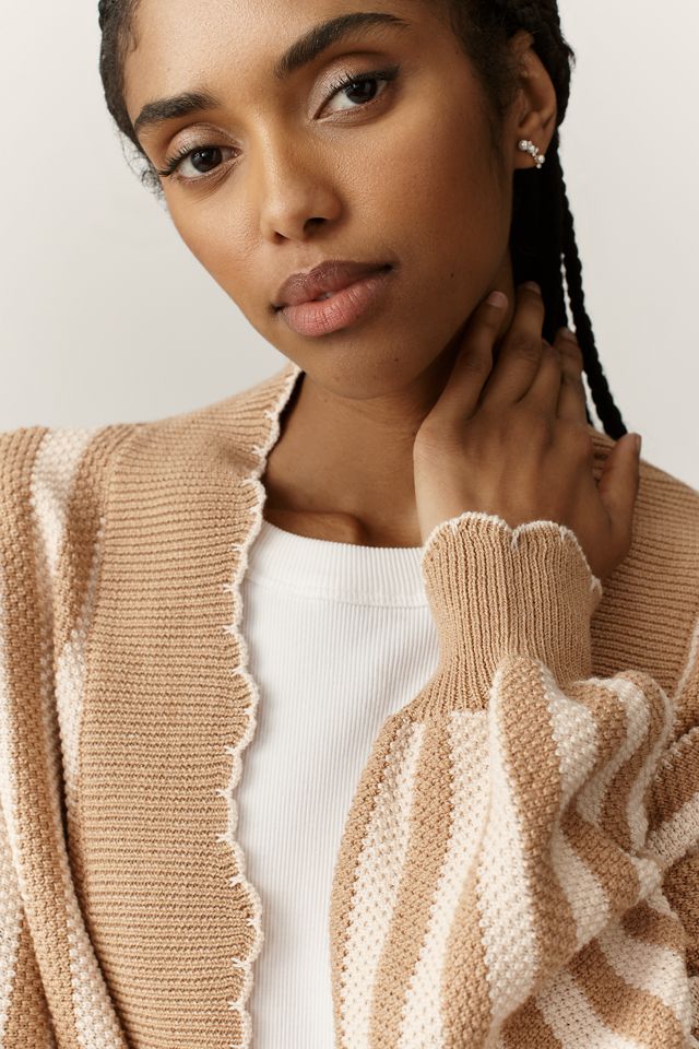 By Anthropologie Waffle-Knit Scalloped Cardigan Sweater