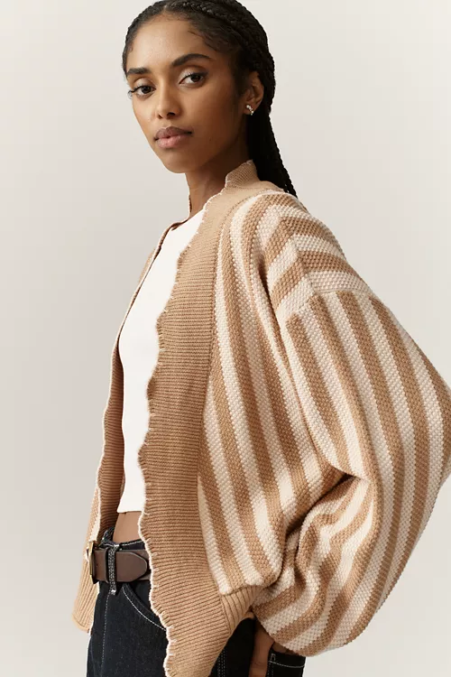 By Anthropologie Waffle-Knit Scalloped Cardigan Sweater