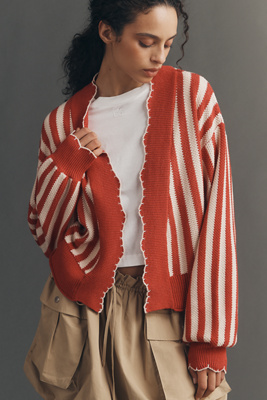 By Anthropologie Waffle-knit Scalloped Cardigan In Red