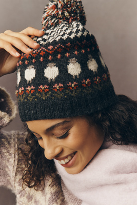 French Knot Wool Pom-pom Beanie In Gray
