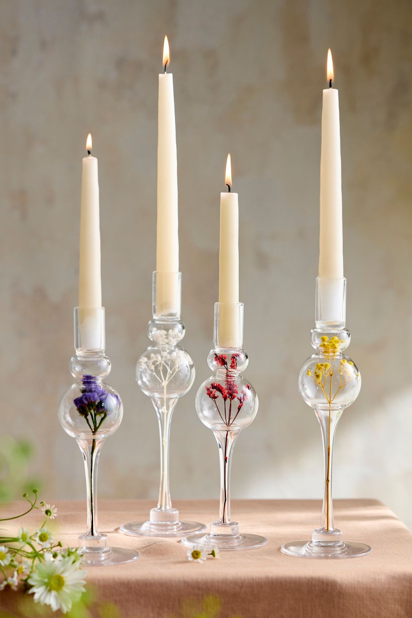 Pressed Floral Taper Holder - White, L