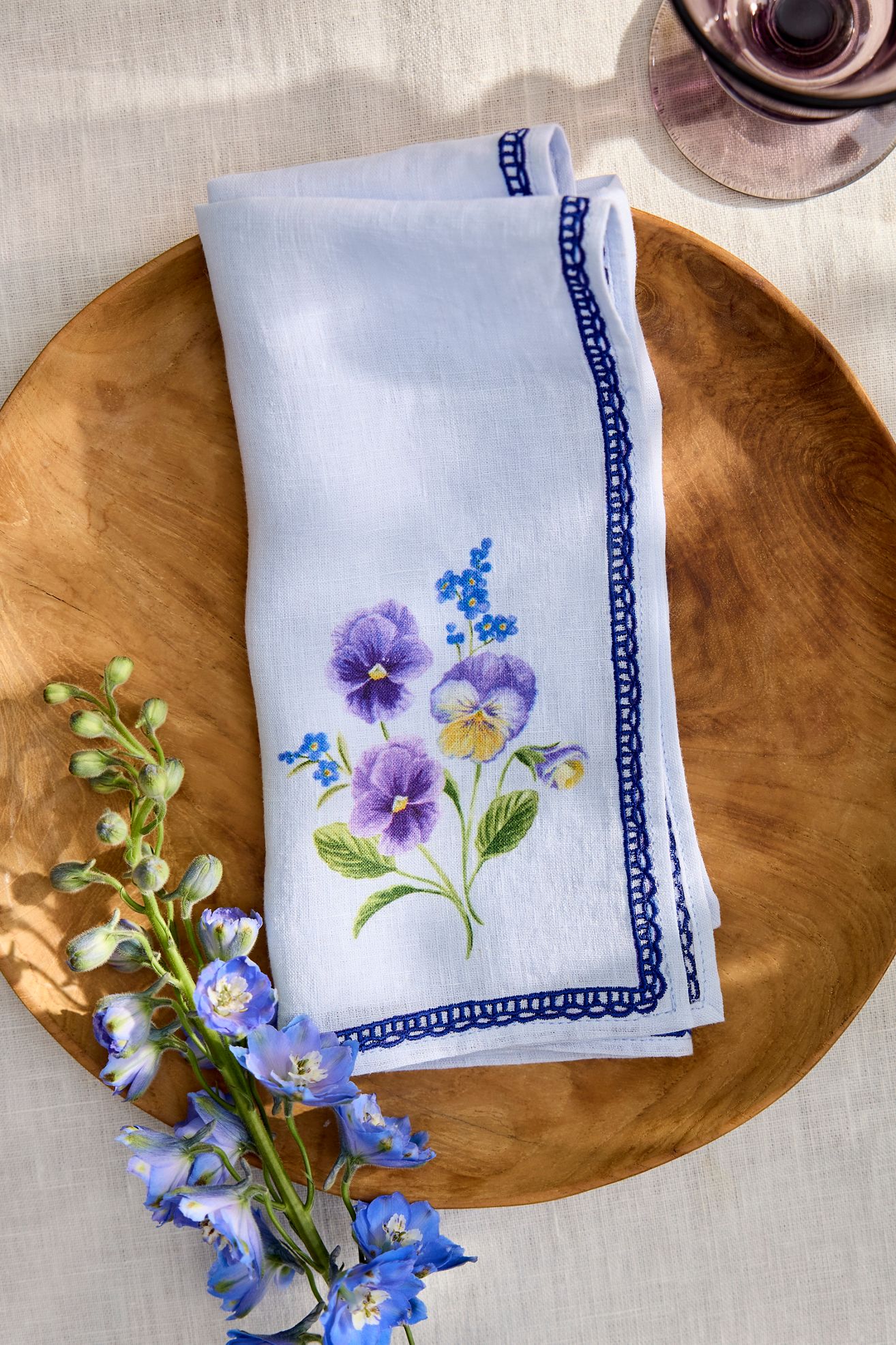 Floral Illustration Linen Napkins, Set of 2 - Blue, Standard, One Size