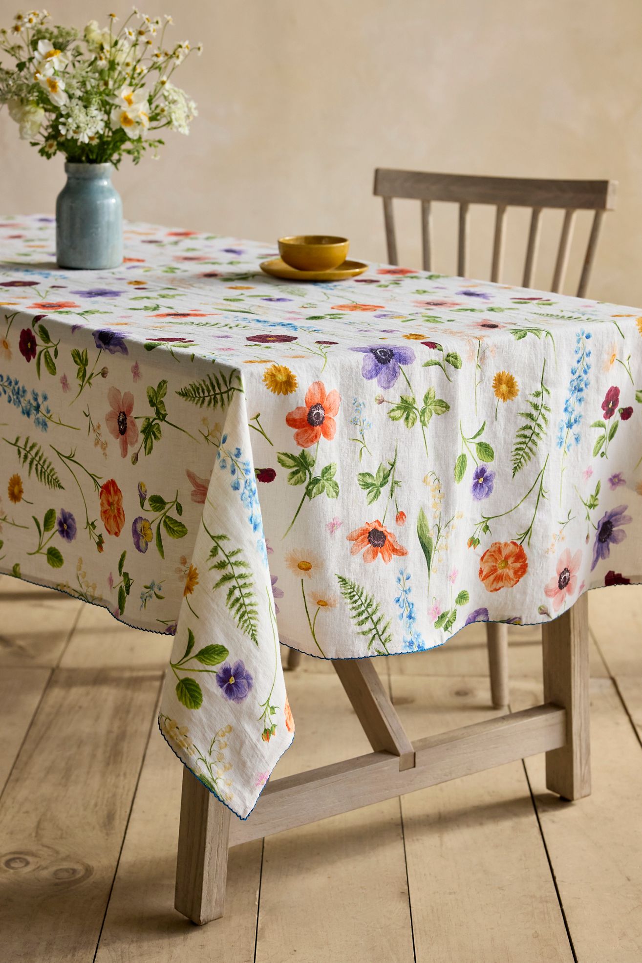 Floral Illustration Linen Tablecloth - White, Standard, One Size