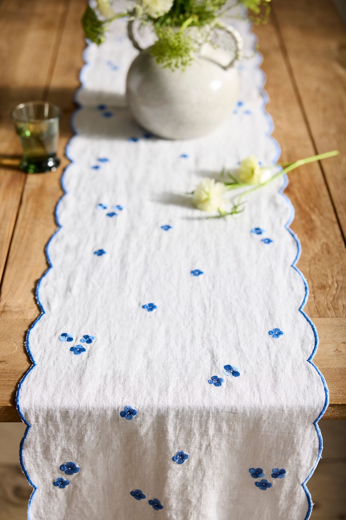 Embroidered Hydrangea Linen Runner - Blue, One Size