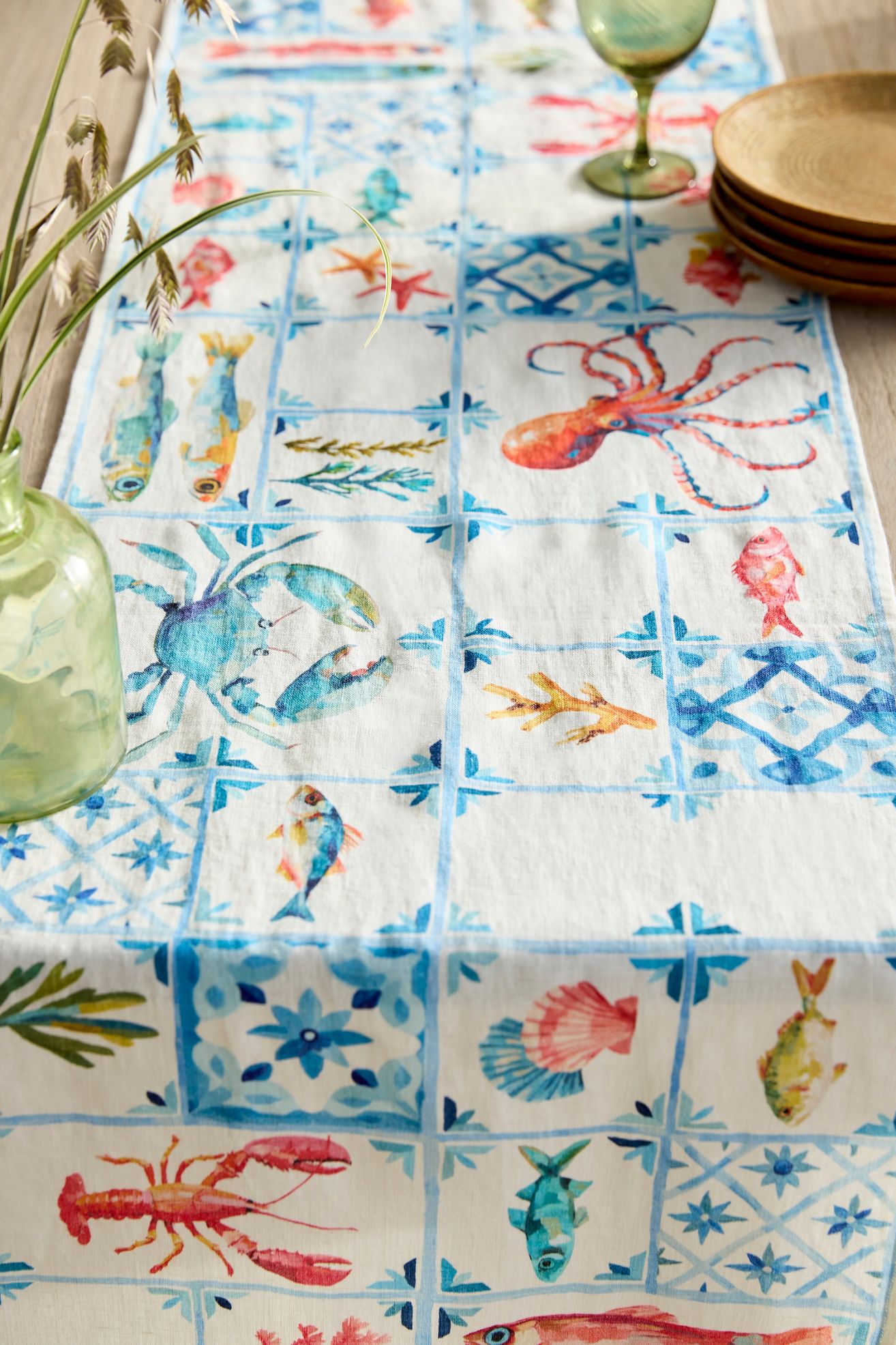 Marine Tile Linen Runner - Blue, One Size