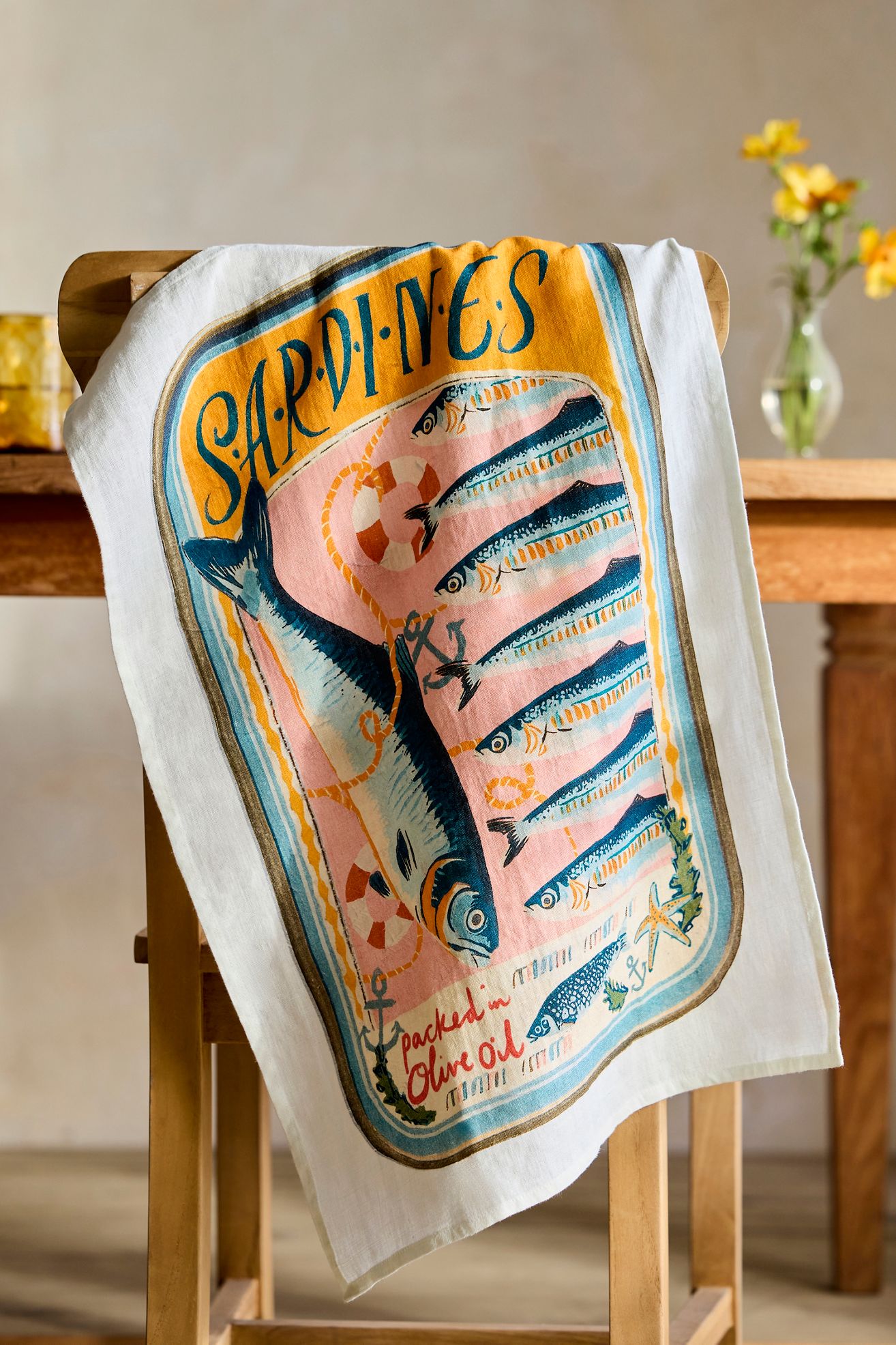 Sardine Tin Linen Dish Towel - Coral, One Size