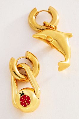 Timeless Pearly Dolphin Ladybug Pendant Huggie Earrings