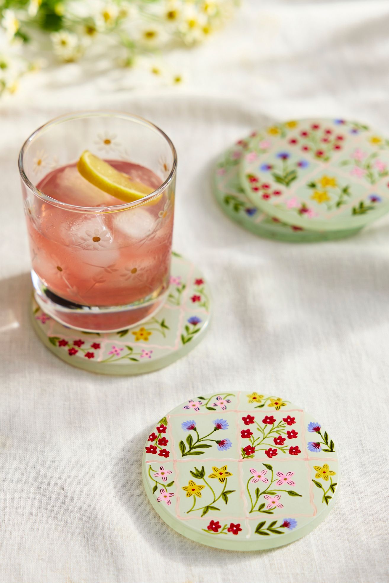 Painted Lattice Glass Coasters, Set of 4 - Multi Floral, One Size