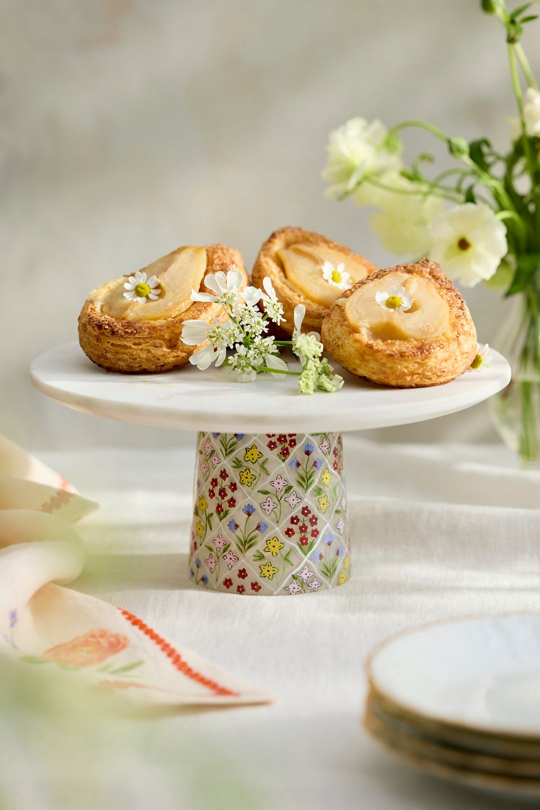 Painted Lattice Marble + Glass Cake Stand - Ivory, One Size