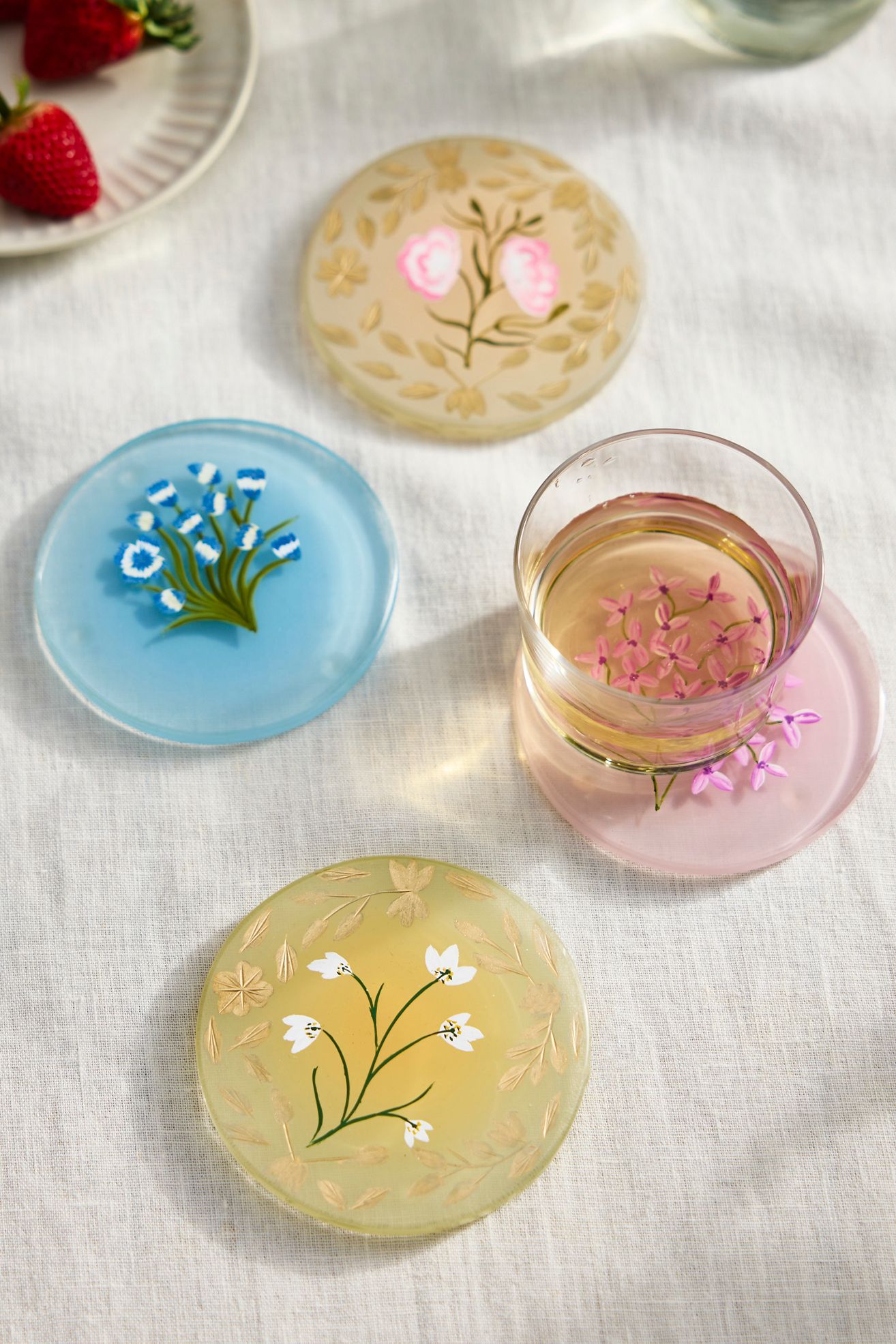 Painted Floral Glass Coasters, Set of 4 - Ivory, One Size