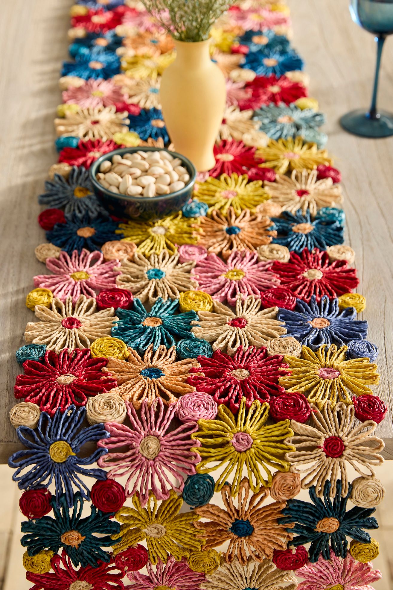 Colorful Floral Raffia Runner - Multi, One Size