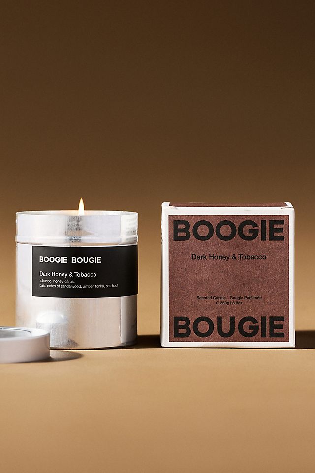 dark honey and tobacco candle Boogie Bougie Woody & Boxed Tin Dark Honey + Tobacco Large