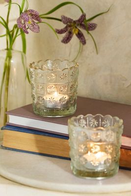 Etched Daisy Glass Votives, Set of 2