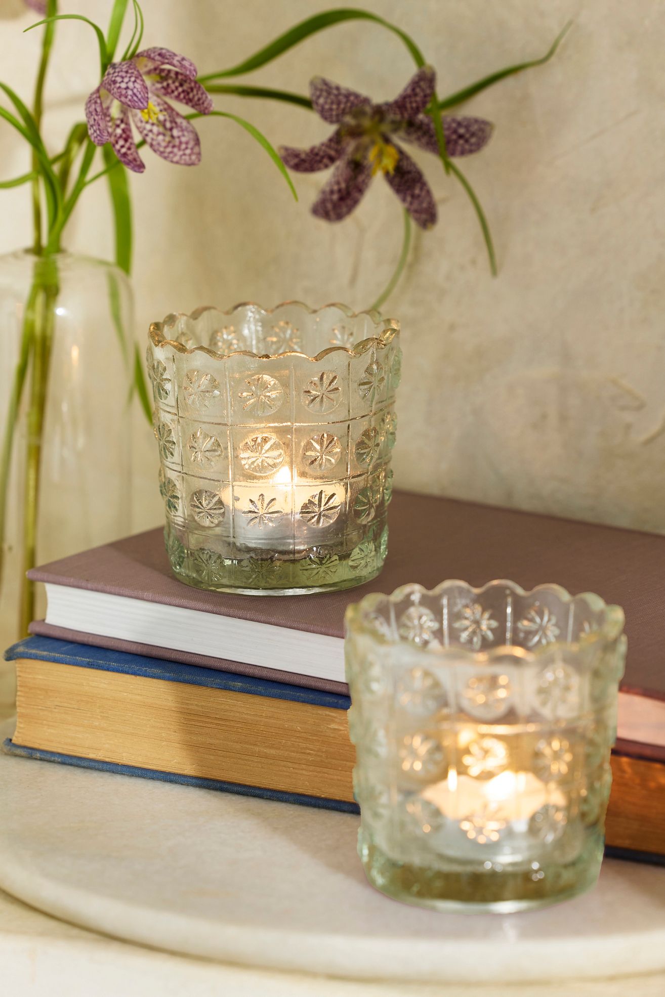 Etched Daisy Glass Votives, Set of 2 - Clear, One Size