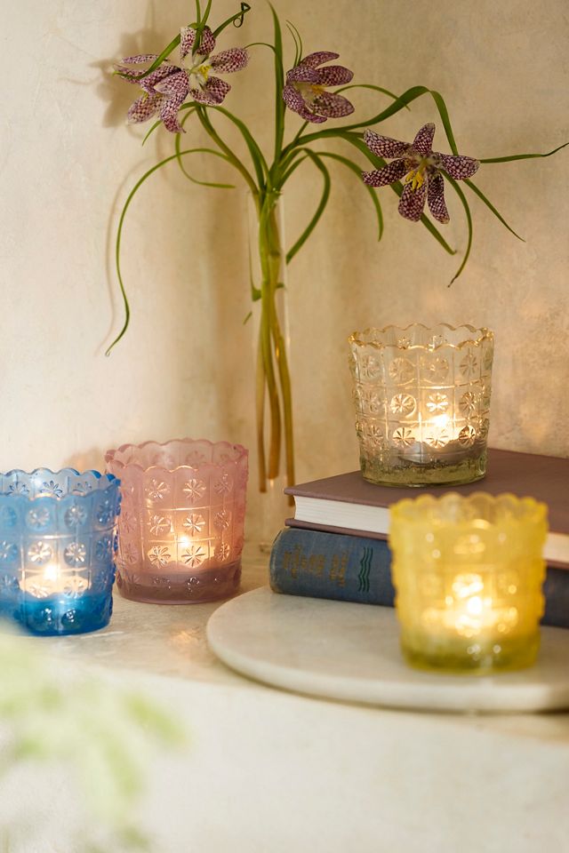 Etched Daisy Glass Votives, Set of 2 #1