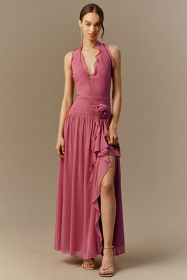 BHLDN Plunge Halter-Neck Chiffon Maxi Dress | Anthropologie