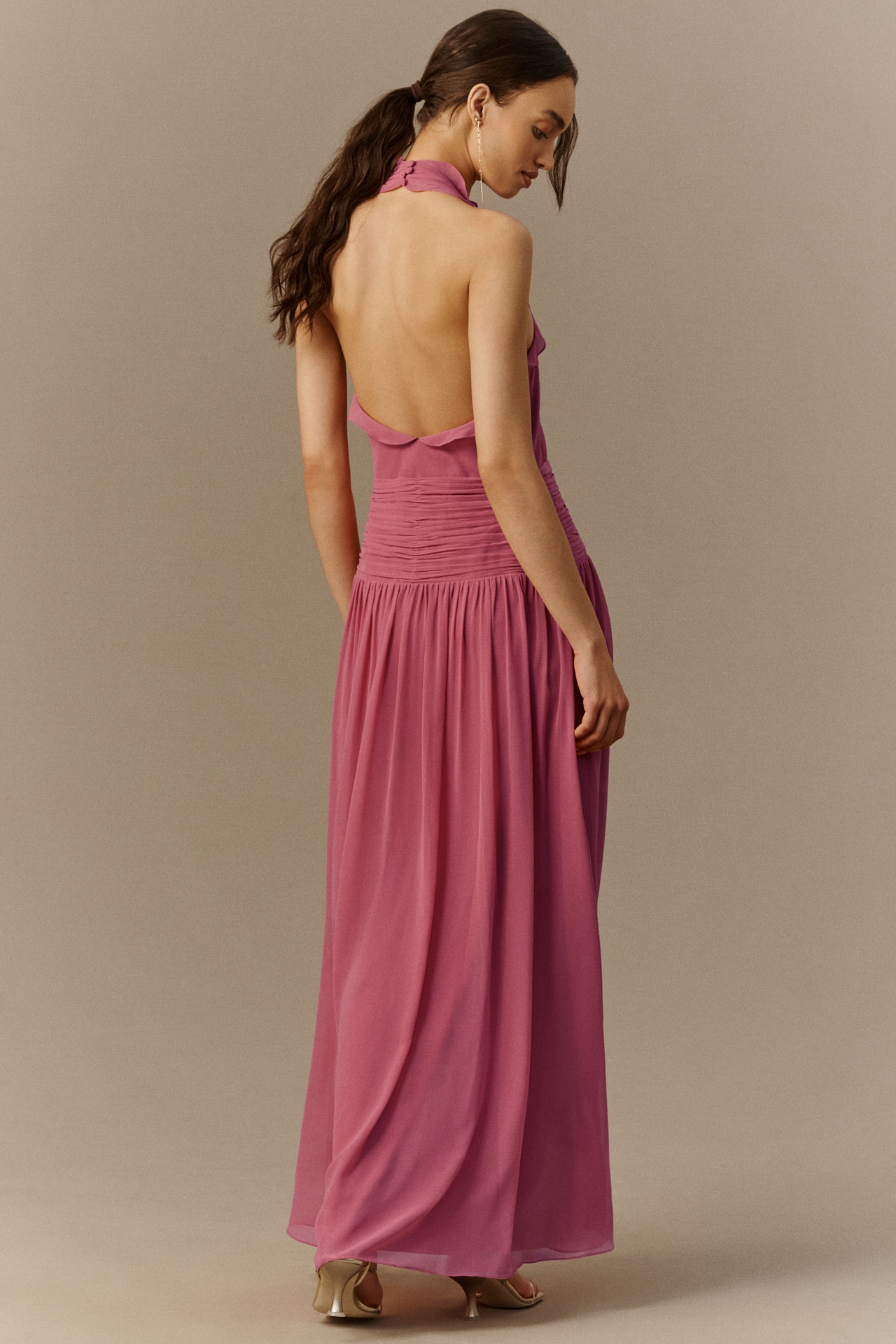 BHLDN Plunge Halter-Neck Chiffon Maxi Dress