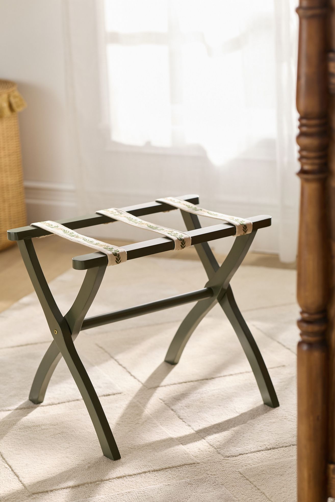 Embroidered Painted Wood Strap Luggage Rack - Green, One Size