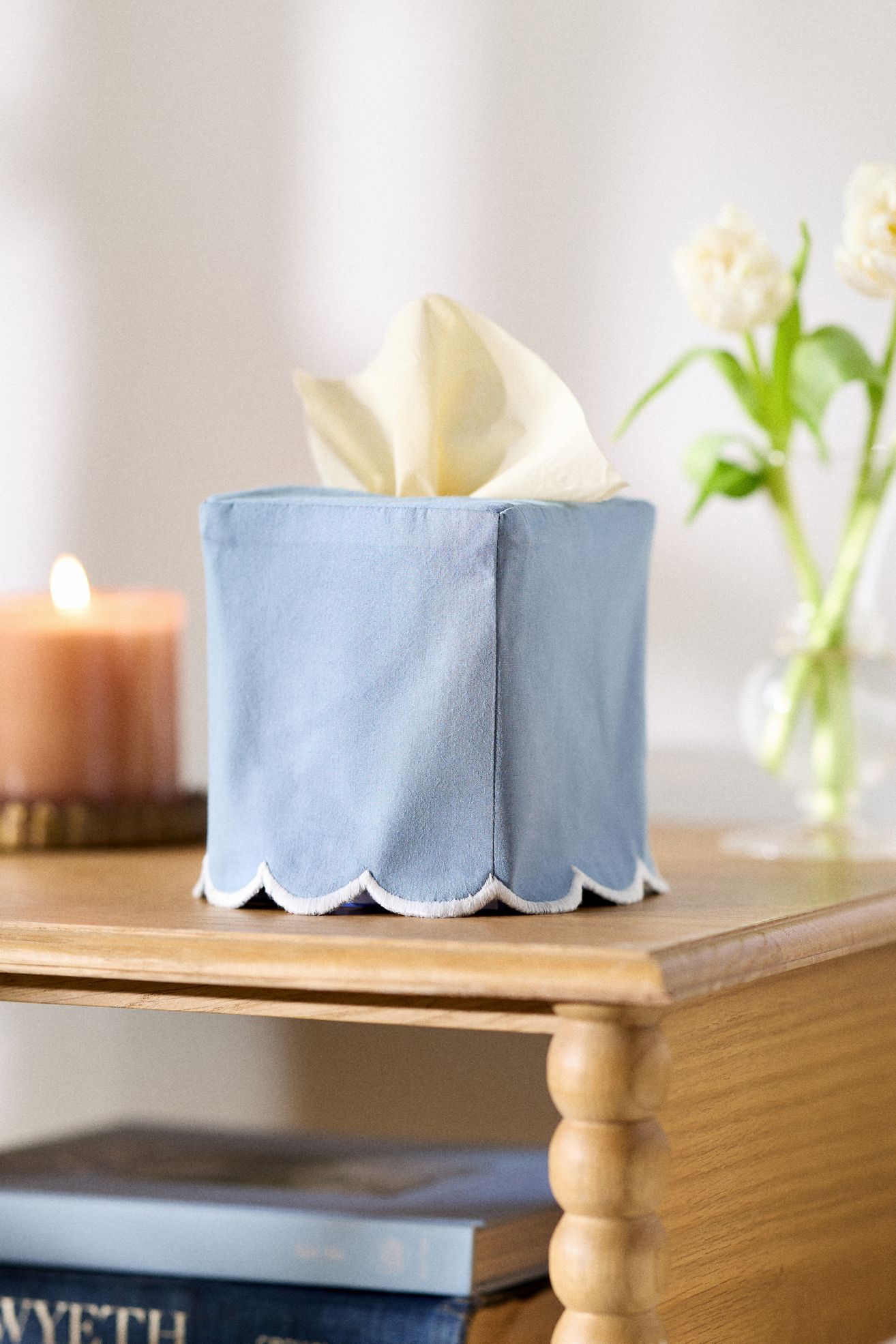 Fabric Scallop Edge Tissue Box Cover - Blue & White Trim, One Size