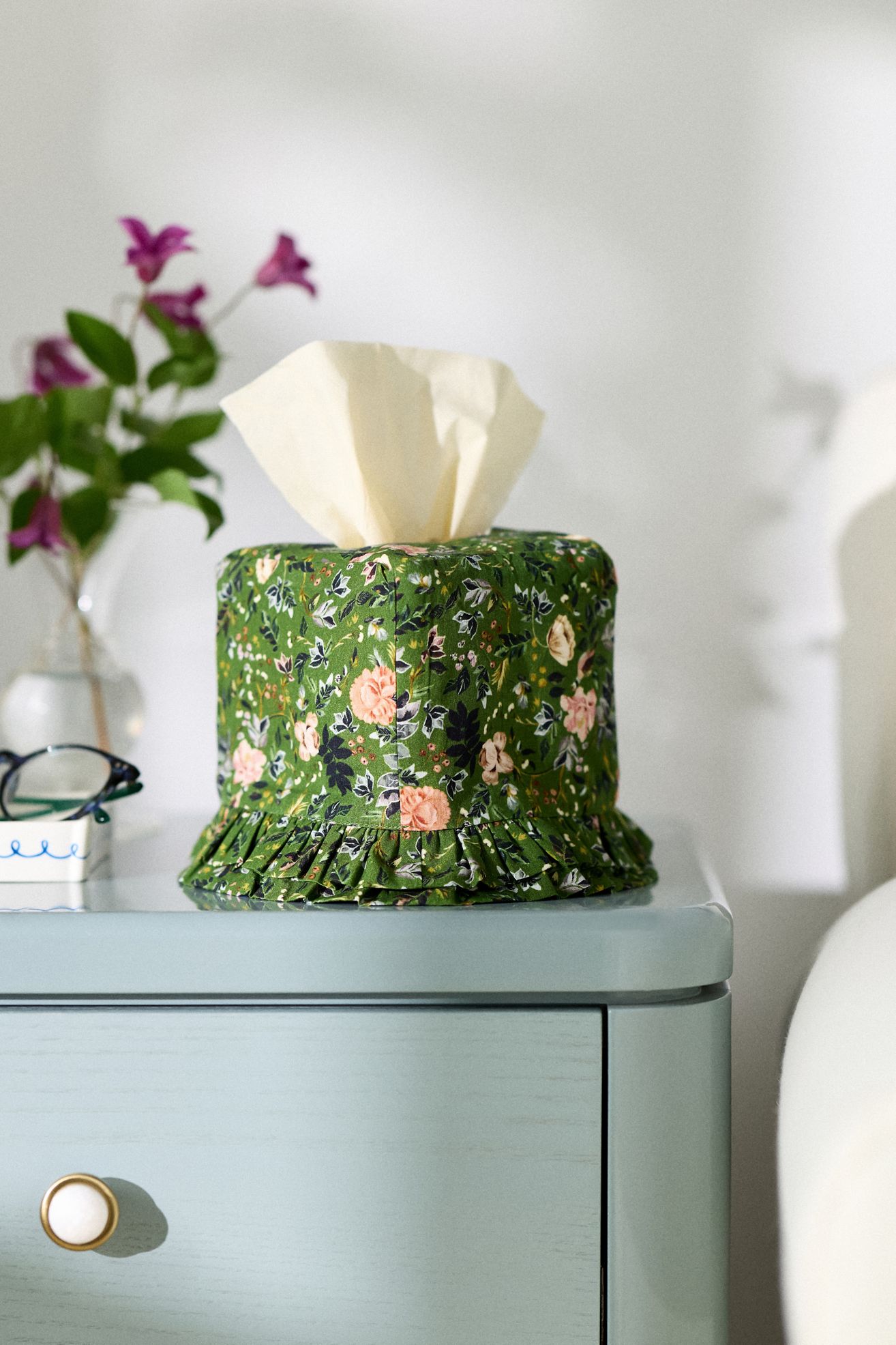 Fabric Printed Ruffle Tissue Box Cover - Green Seren, One Size