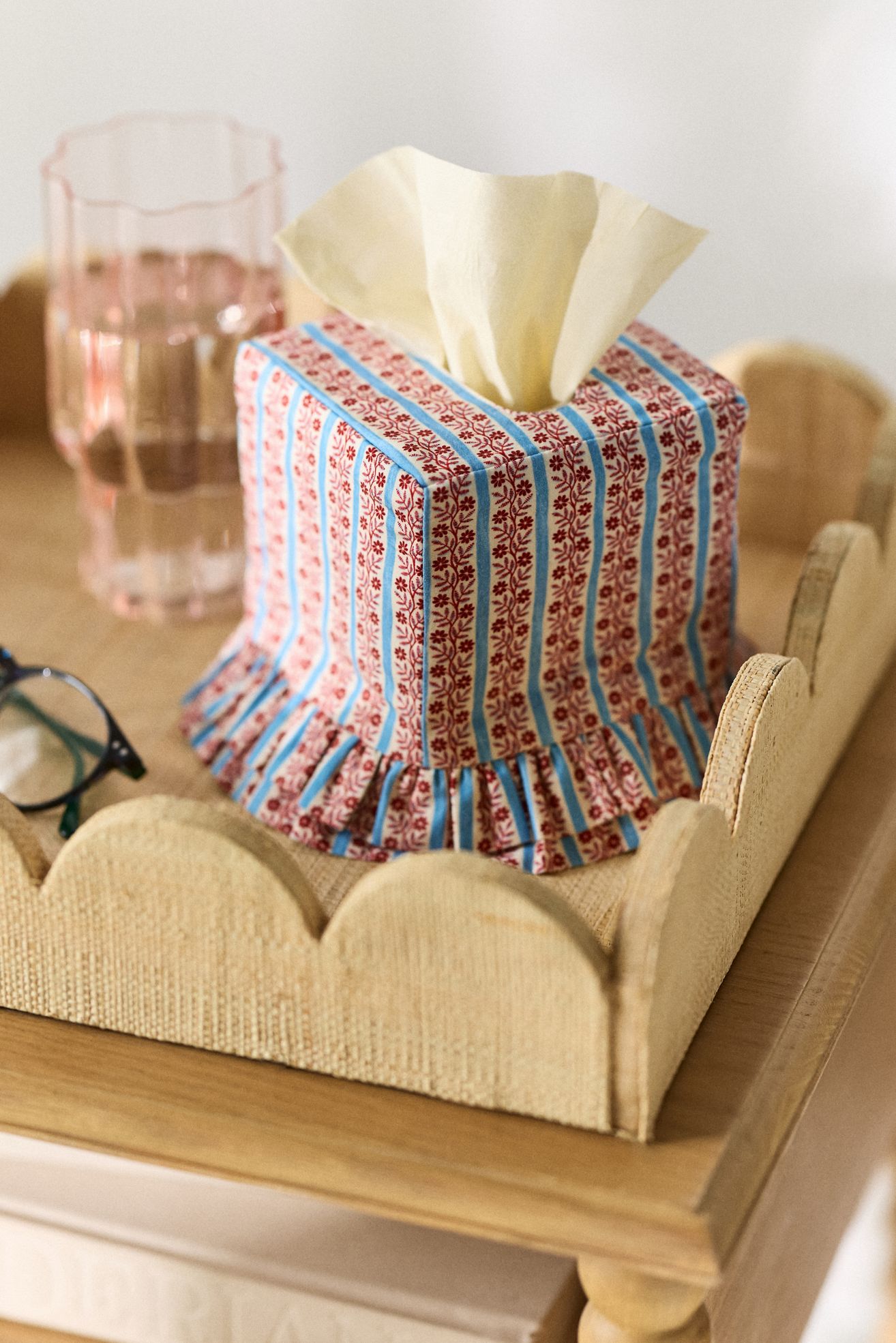 Fabric Printed Ruffle Tissue Box Cover - Floral Stripe, One Size