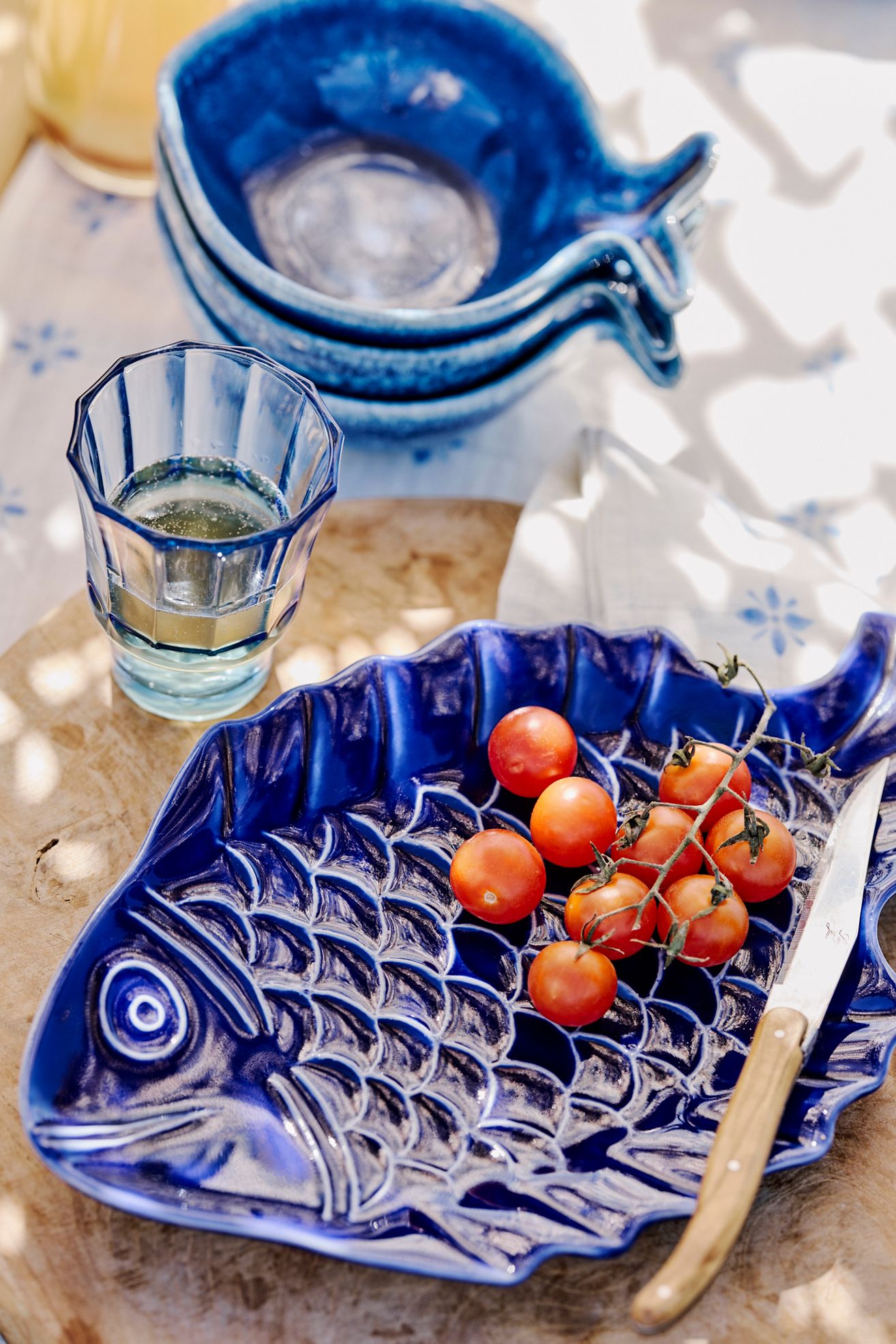 Fish Etched Stoneware Serving Platter - Navy, One Size