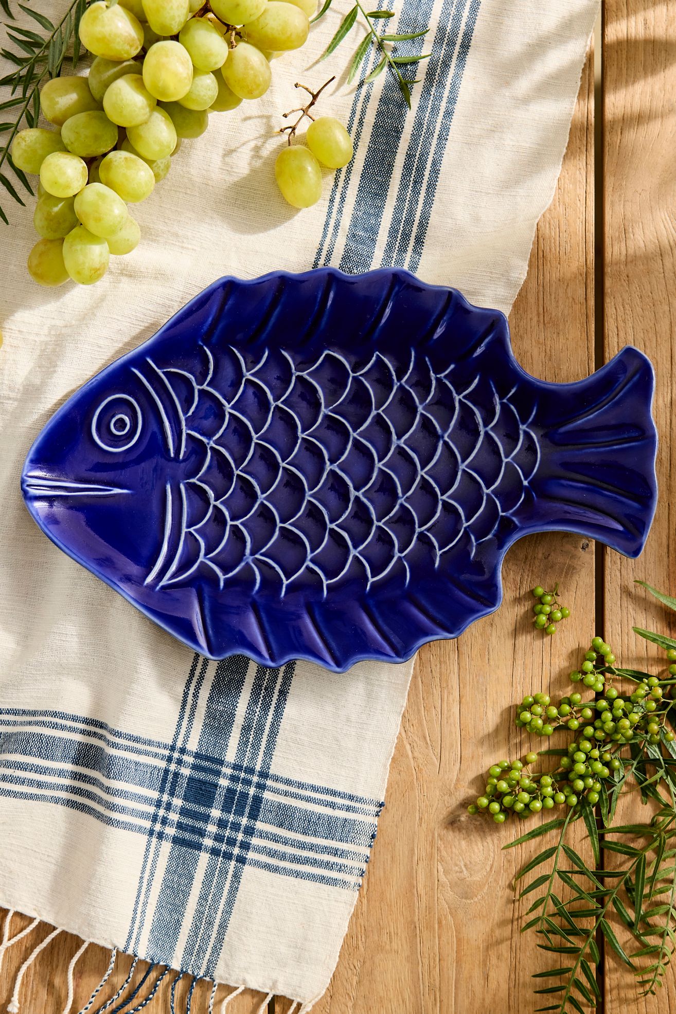 Fish Etched Stoneware Serving Platter - Navy, One Size