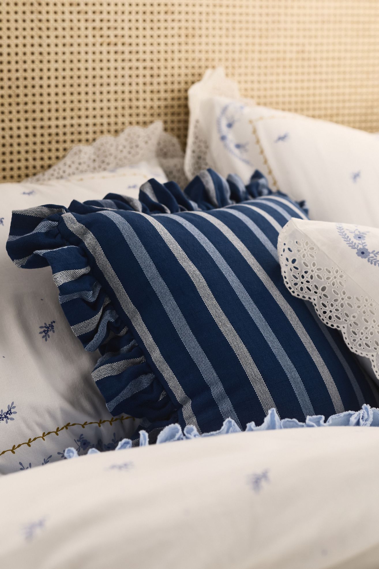 Maeve Helana Indoor/Outdoor Woven Stripe Ruffle Pillow - Blue Stripe, 20" X 20"