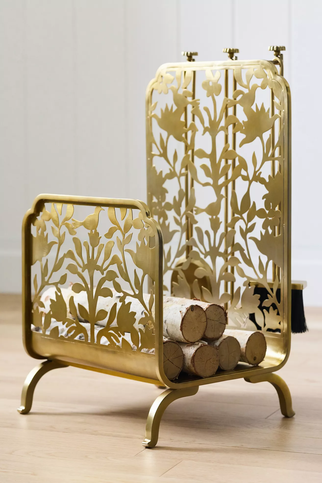 Caine Dog Brass Log Holder and Fire Tool Set