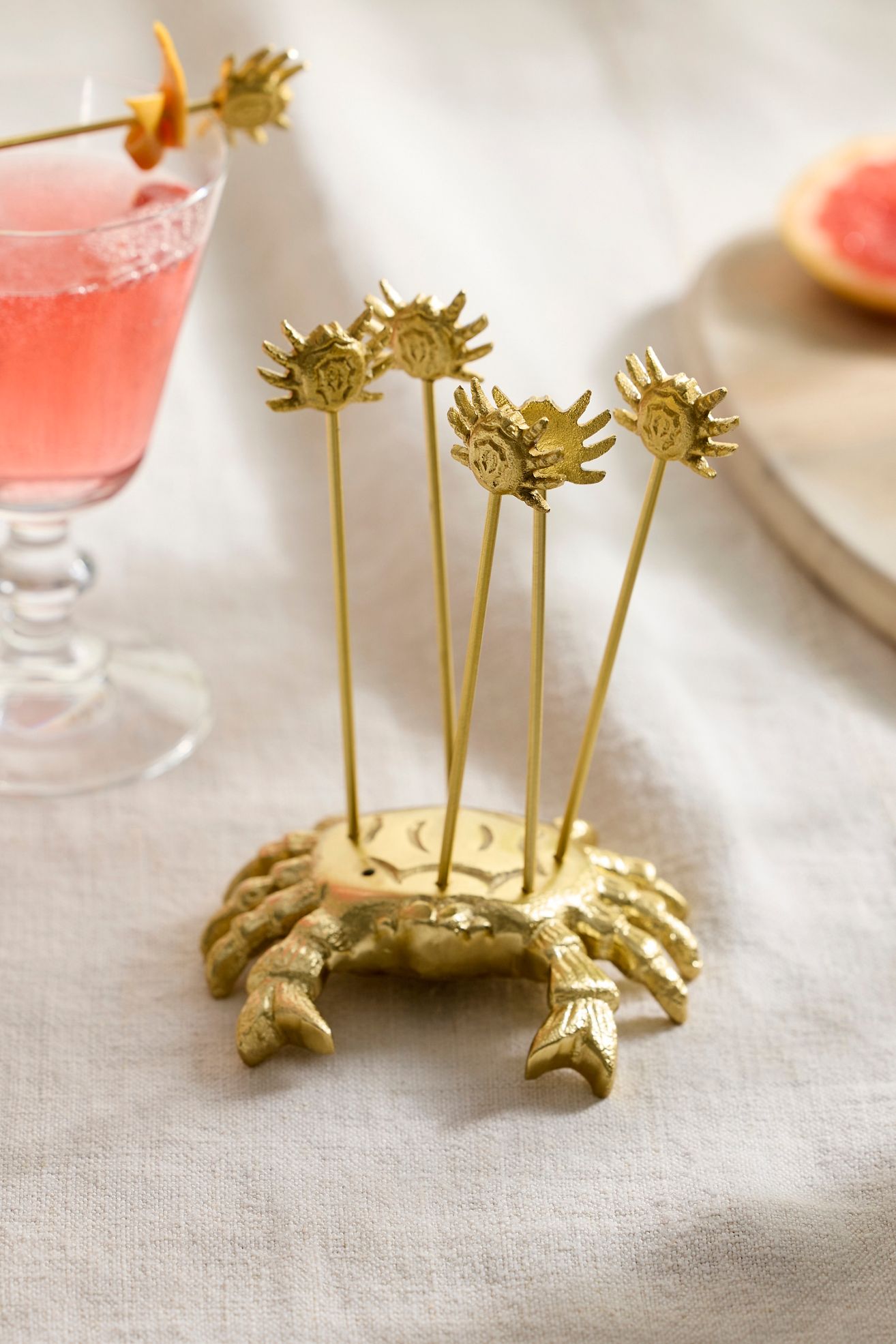 Crab Icon Cocktail Picks, Set of 6 - Gold, One Size