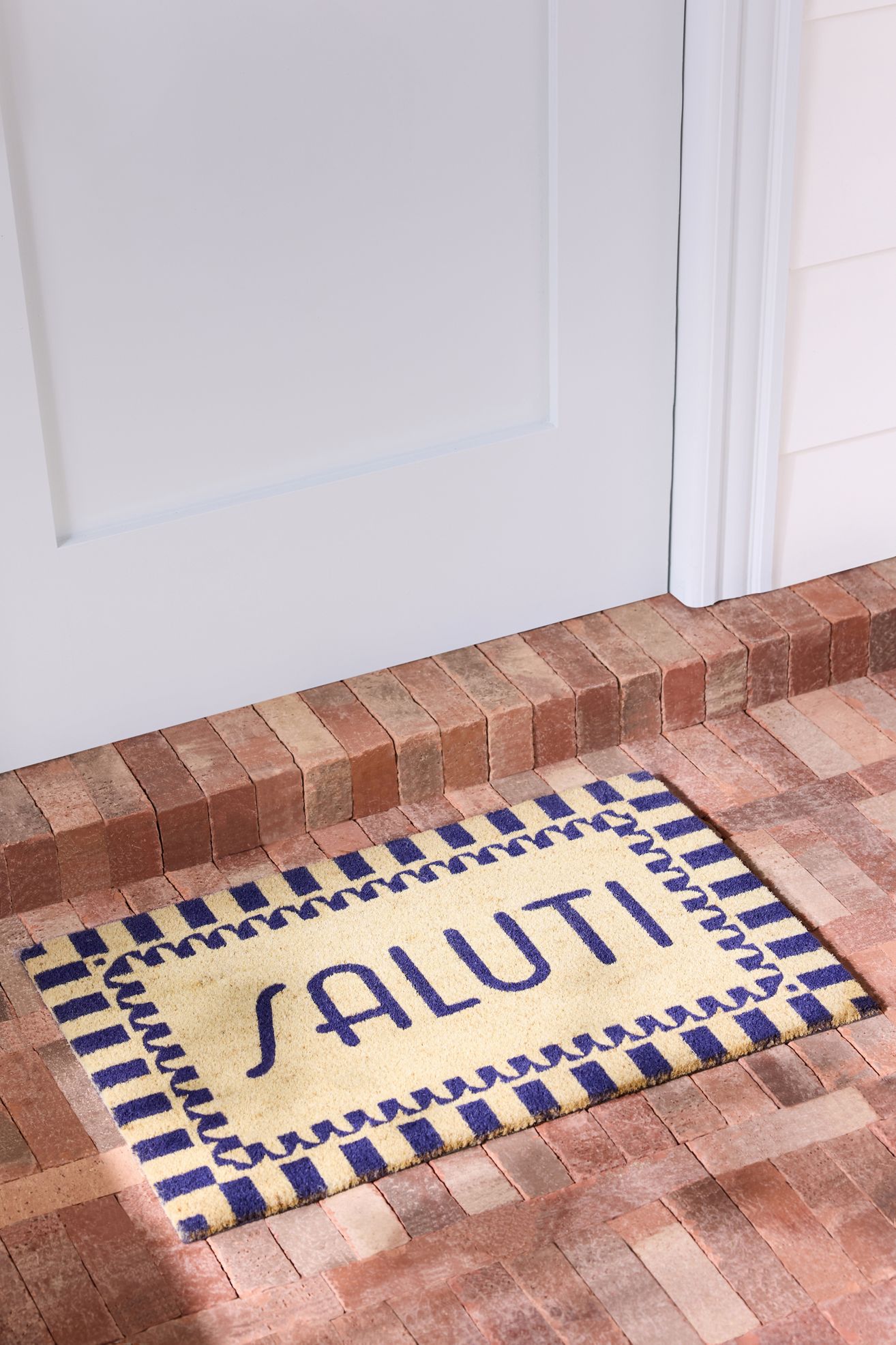 Saluti Geometric Border Printed Coir Doormat - Blue, 20"X30"