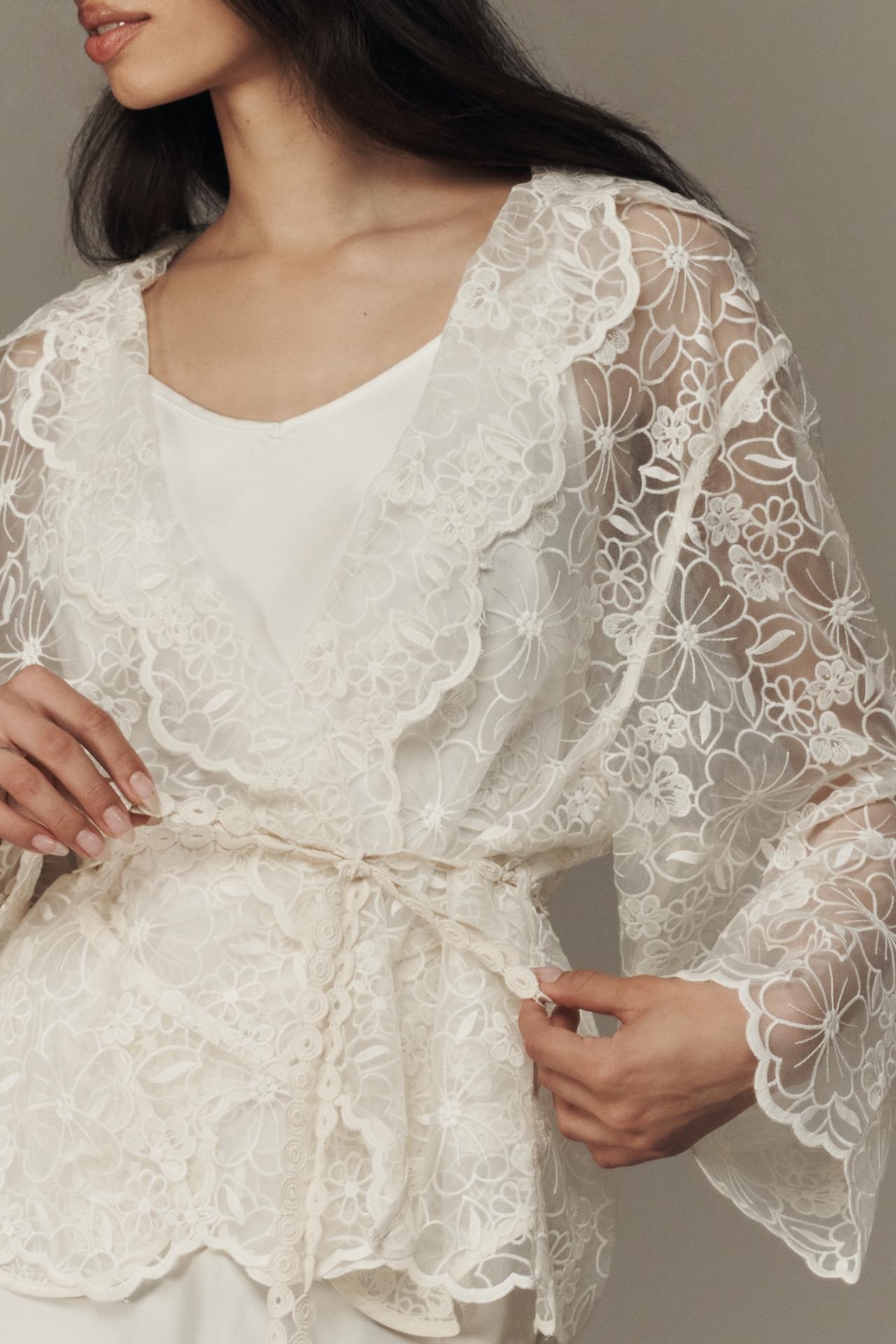 By Anthropologie Sheer Floral Lace Tie-Waist Jacket