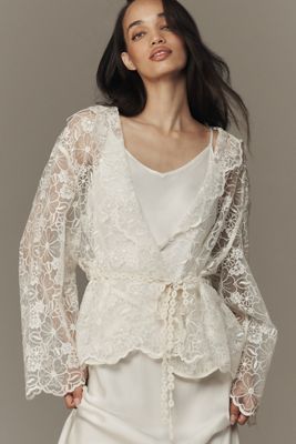 By Anthropologie Transparenter Blumen-Spitzen-Kimono mit Taillenbindung