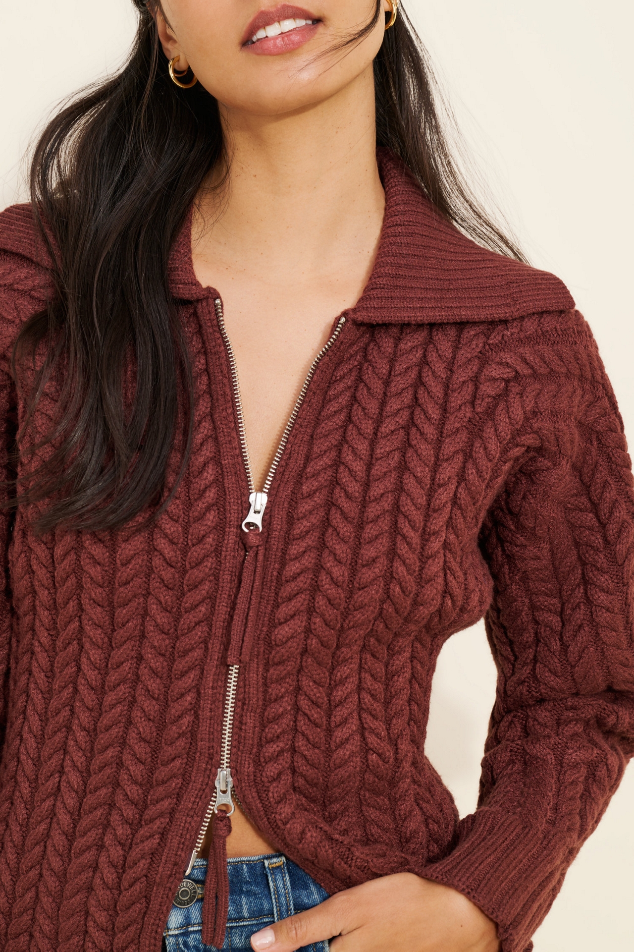 Maeve Hourglass Two-Way Zipper Ribbed Collared Sweater
