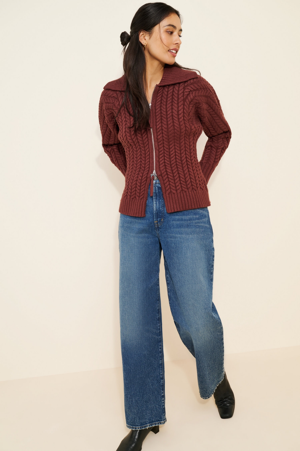 Maeve Hourglass Two-Way Zipper Ribbed Collared Sweater